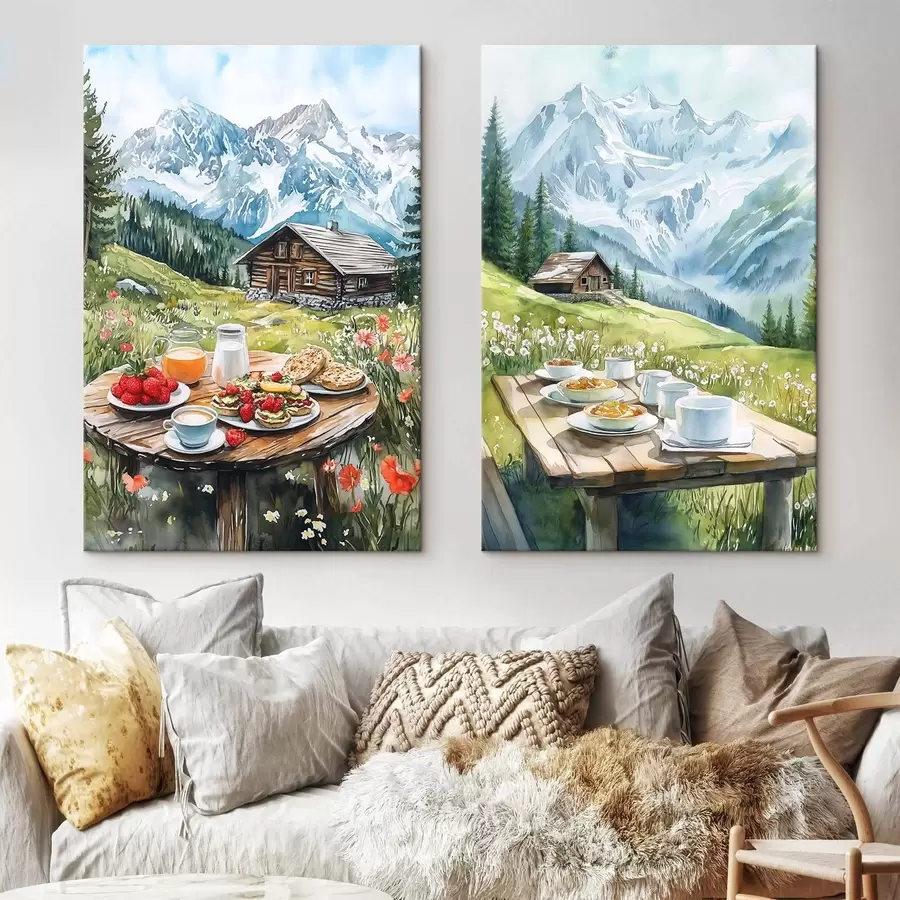 murales Los Alpes, hermosos paisajes de montaña, desayunos estéticos, casas de madera m00403
