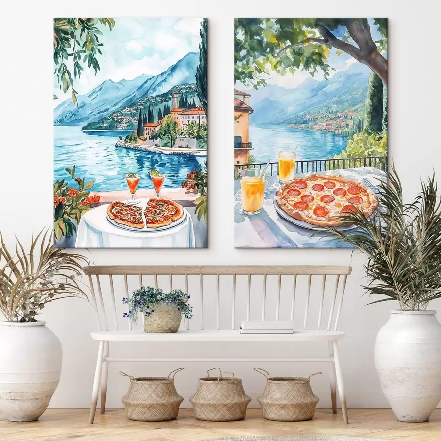 wall murals Lake Como, brunch in Italy, watercolor style, pizza margarita, summer nature m00406