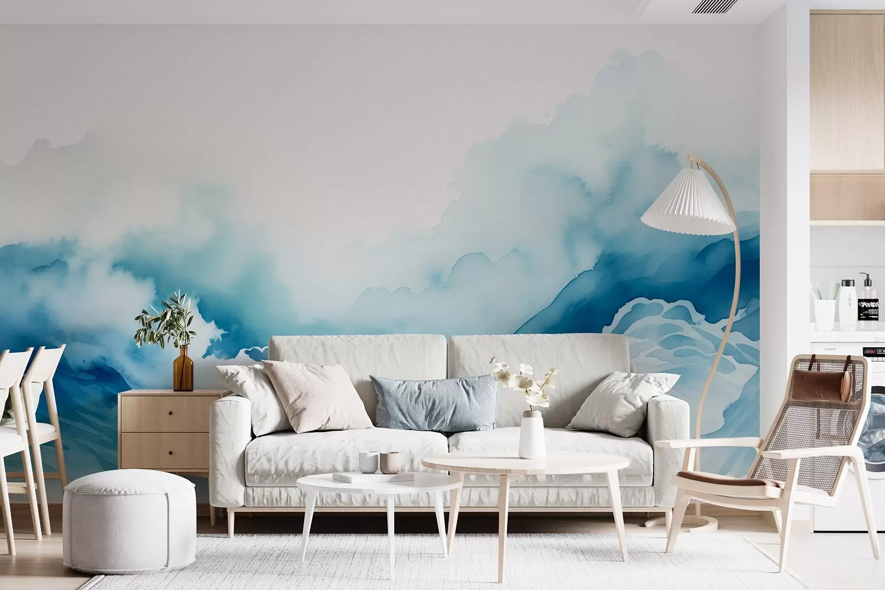 murais de parede Ondas do oceano em estilo aguarela em tons de azul w08655