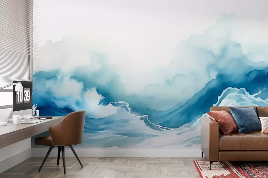 Wall Mural Photo Wallpaper Ocean waves in watercolor style in blue tones w08655
