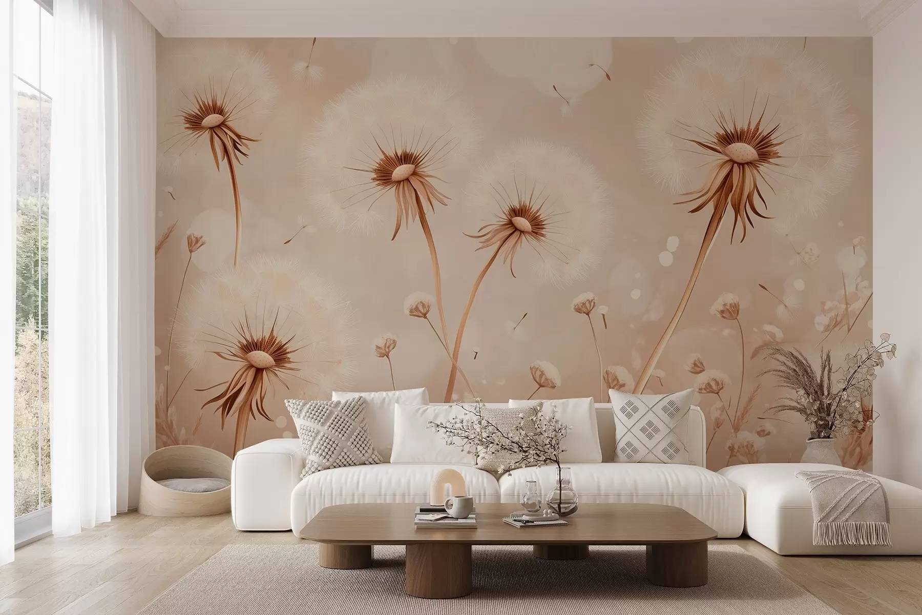 Wall Mural Photo Wallpaper Elegant dandelions and wildflowers in painting style in warm tones w08657