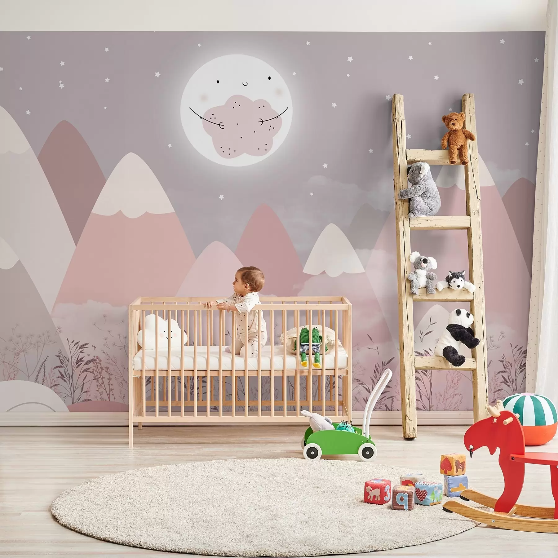 Wall Mural Photo Wallpaper Children's mountains with a cute moon and plants at the bottom w08659