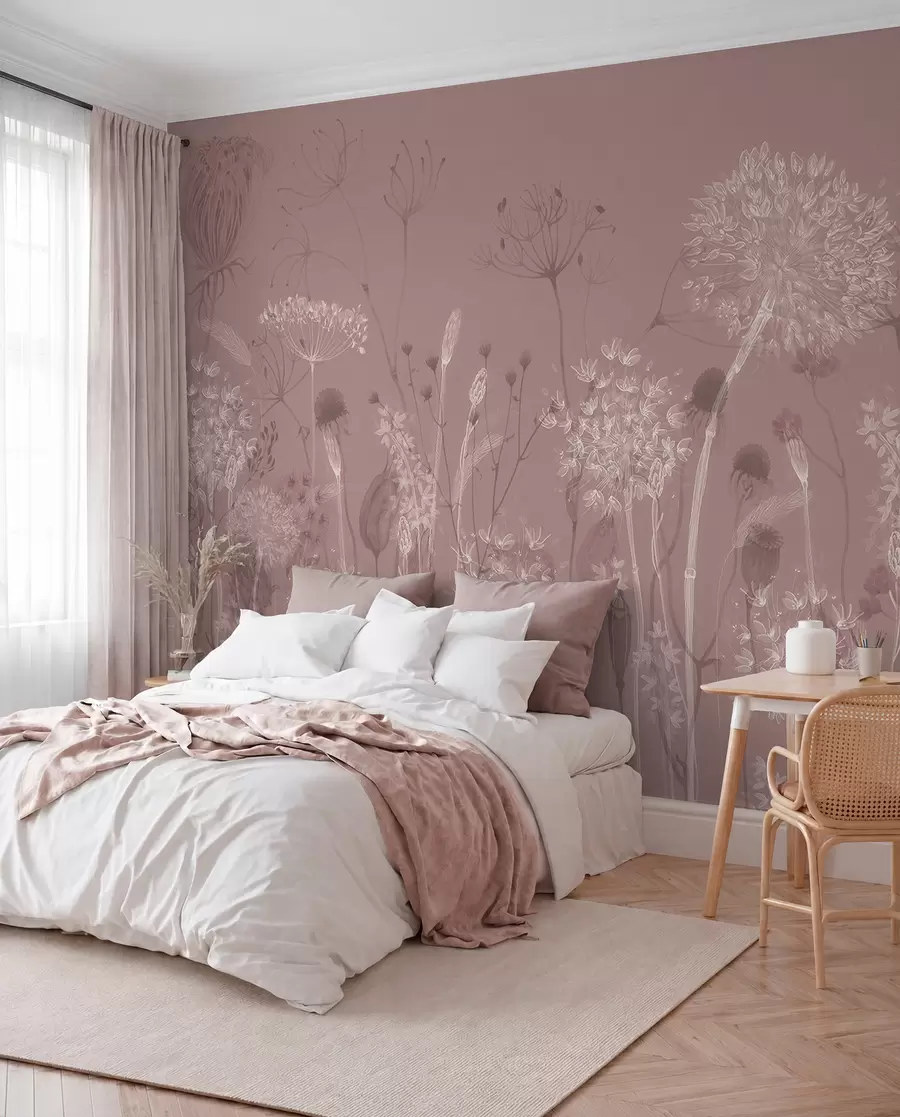 peintures murales Pissenlits et fleurs sauvages aériens dans un style aquarelle dans les tons roses w08637v1