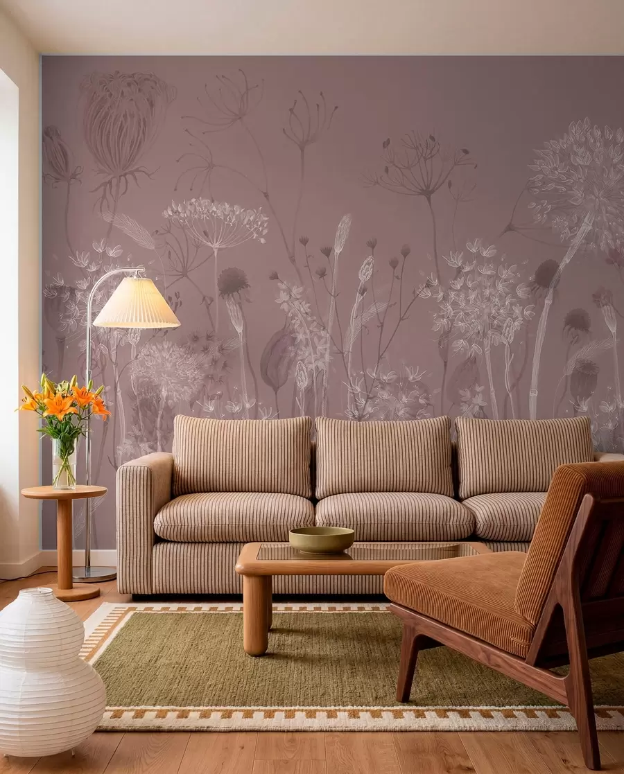 wall murals Airy dandelions and wildflowers in watercolor style in pink tones w08637v1