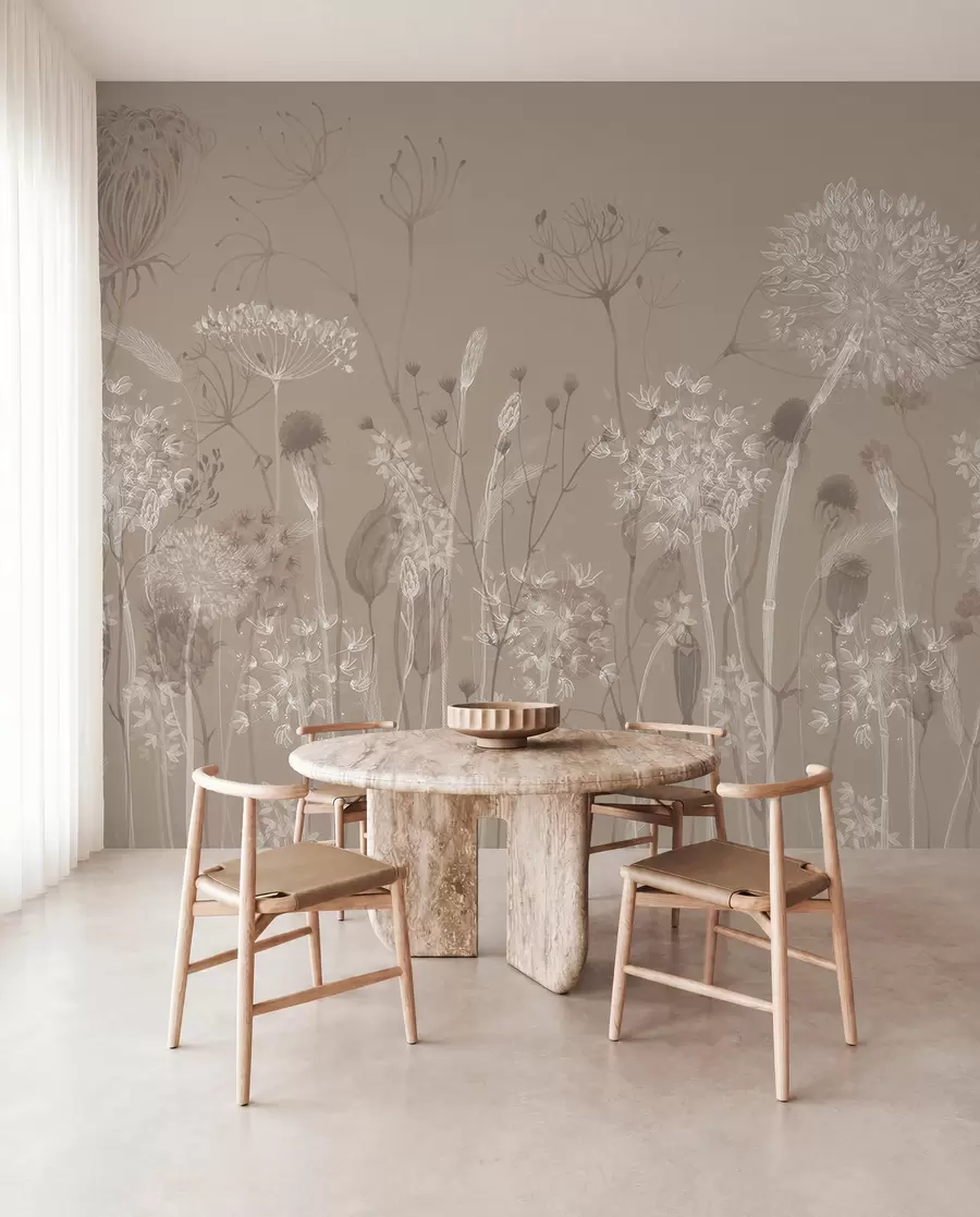 peintures murales Motif gracieux de pissenlits délicats, de plantes et de fleurs sauvages dans les tons beige-gris w08637v2