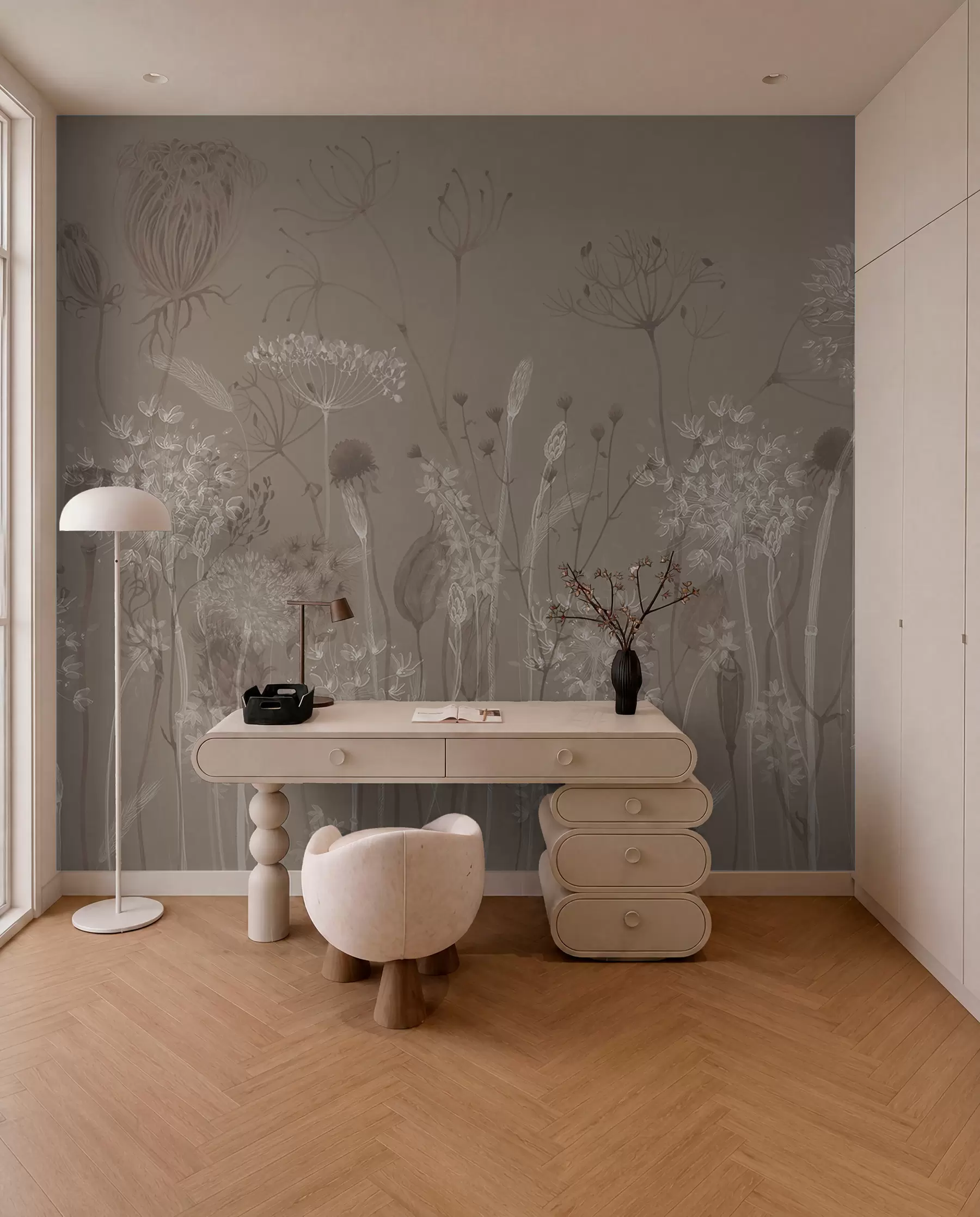 wall murals Graceful pattern with delicate dandelions, plants, and wildflowers in beige-grey tones w08637v2