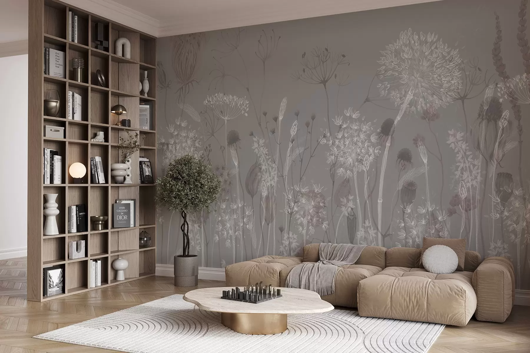 Wall Mural Photo Wallpaper Airy dandelions and wildflowers in watercolor style in blue-gray tones w08637v3