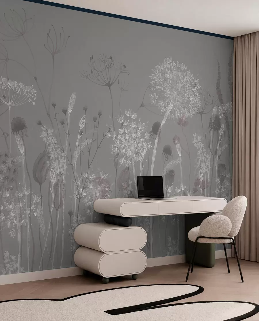 wall murals Airy dandelions and wildflowers in watercolor style in blue-gray tones w08637v3