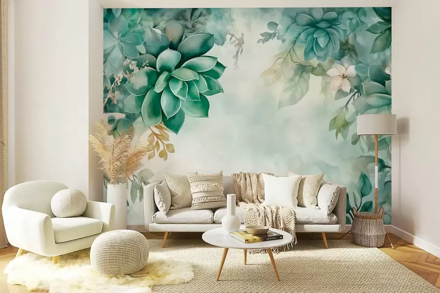 murales Delicadas y exuberantes suculentas y elementos florales en estilo acuarela en tonos verdes w02874