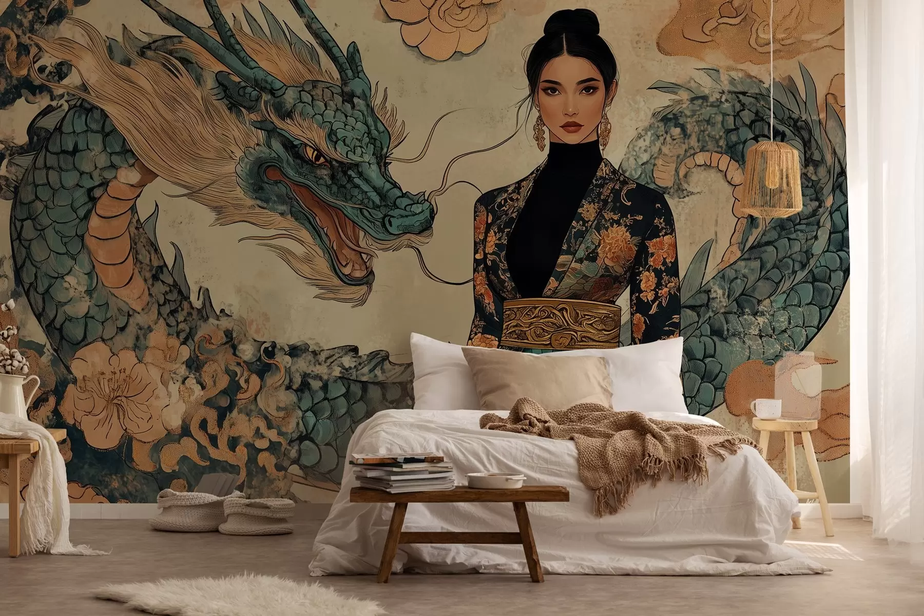 murais de parede Mulher com uma túnica com um dragão, estilo oriental w02875