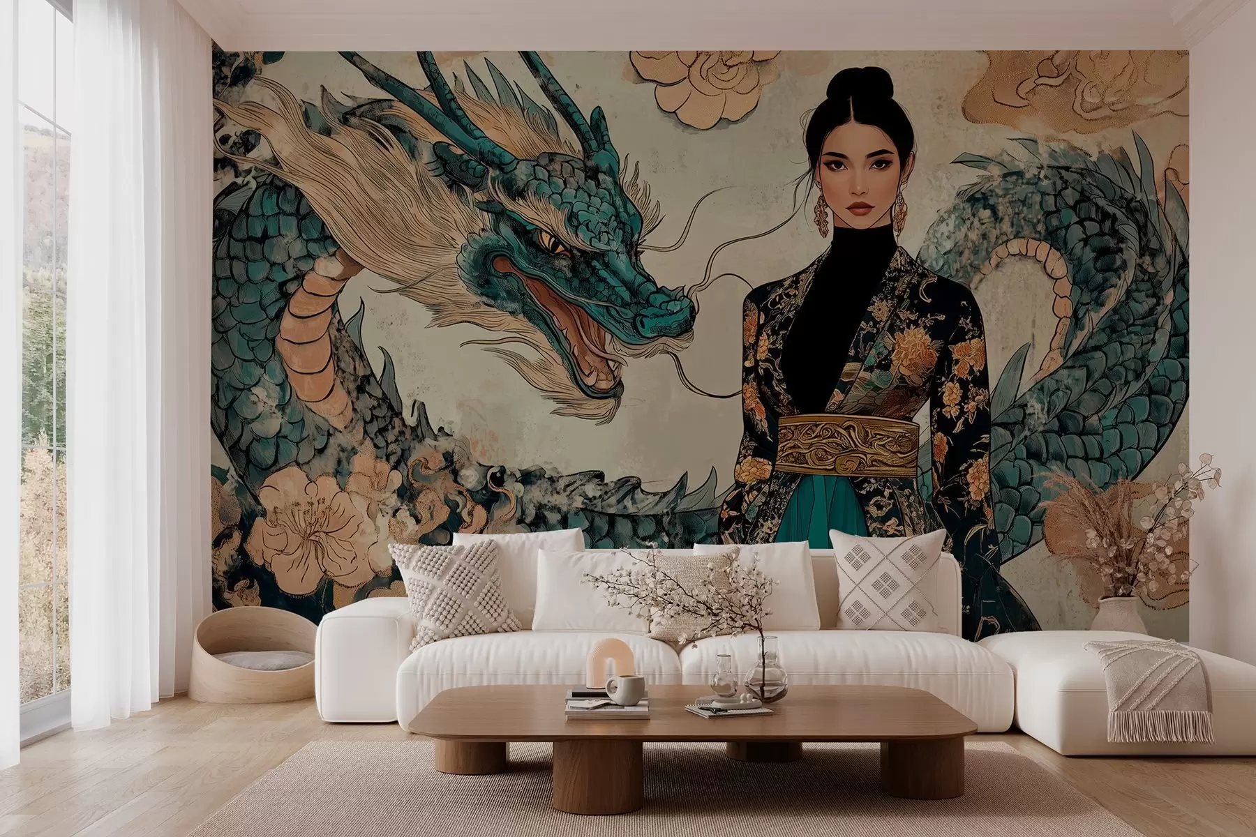 murais de parede Mulher com uma túnica com um dragão, estilo oriental w02875