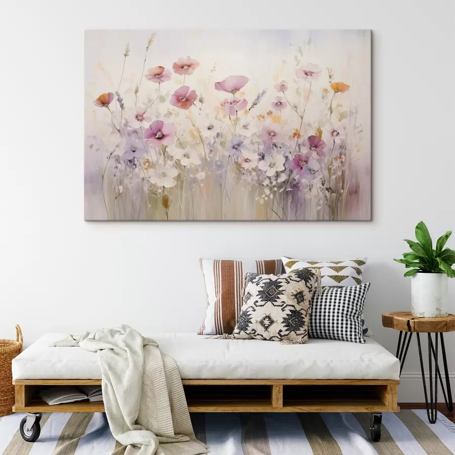wall murals A meadow with watercolor flowers in delicate pink, purple, and white shades, creating an atmosphere of lightness and harmony s42557