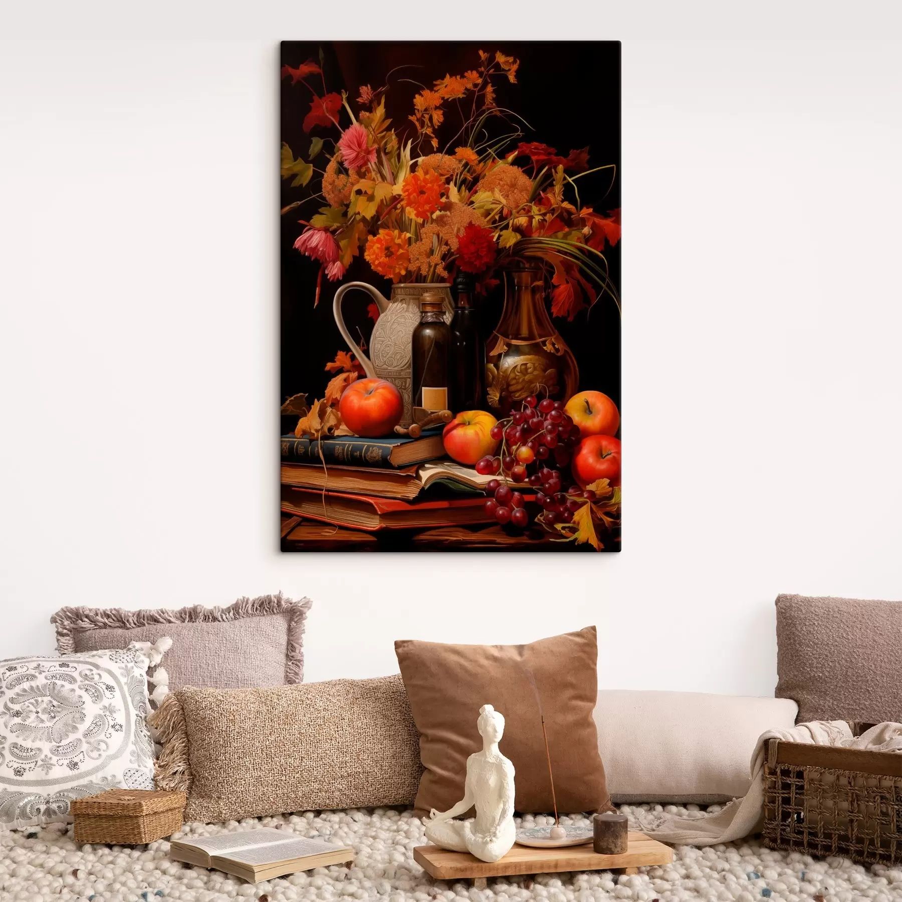 wall murals An autumn still life with a bouquet in warm orange and red tones, apples, grapes, books, and ceramic dishes on a dark background s42561