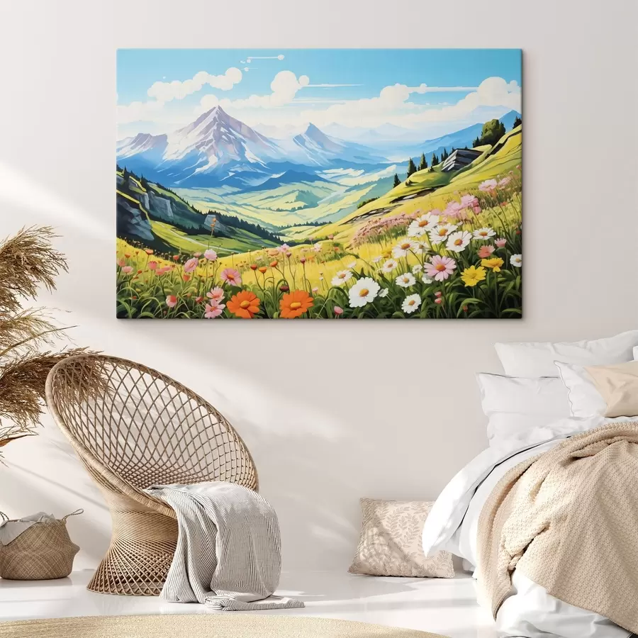 wall murals A vibrant mountain landscape with blooming meadows, green hills, and majestic peaks under a clear blue sky s42565