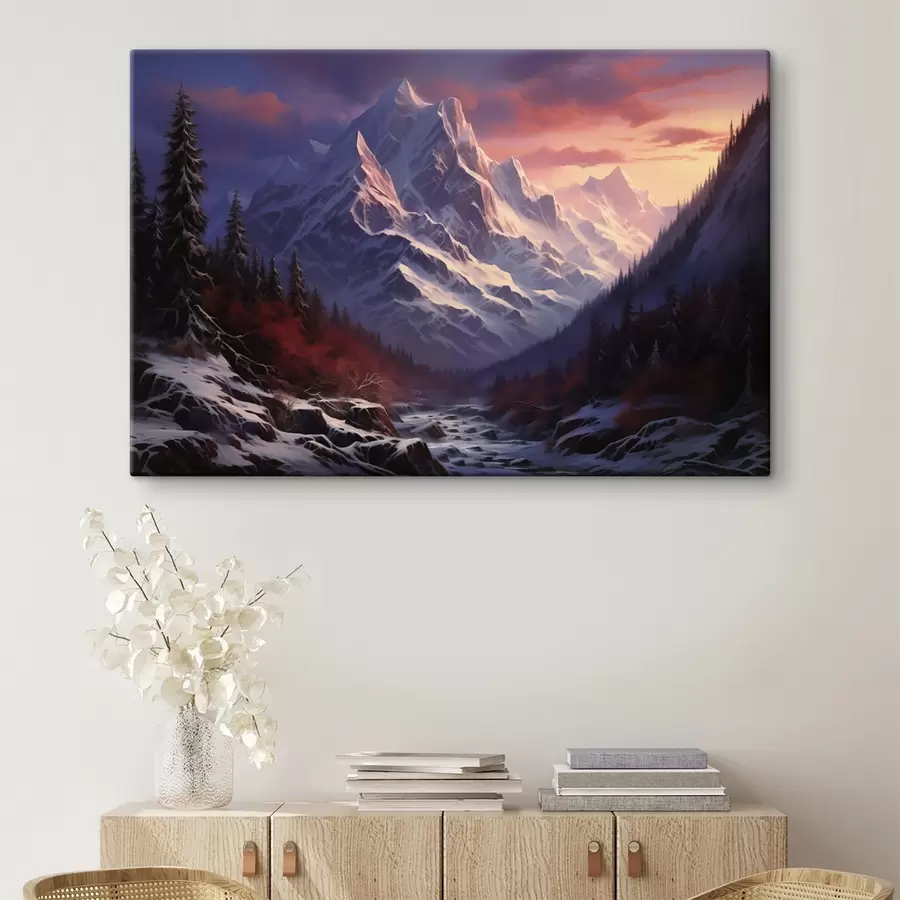 wall murals A breathtaking mountain landscape at sunset with snow-capped peaks, dark pines, and soft pink-purple hues in the sky s42566