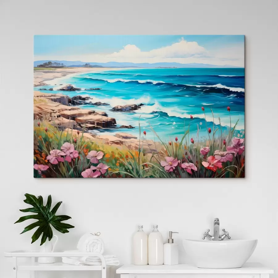 wall murals A seascape with turquoise waves, a rocky shore, and bright flowers in the foreground under a clear blue sky s42568