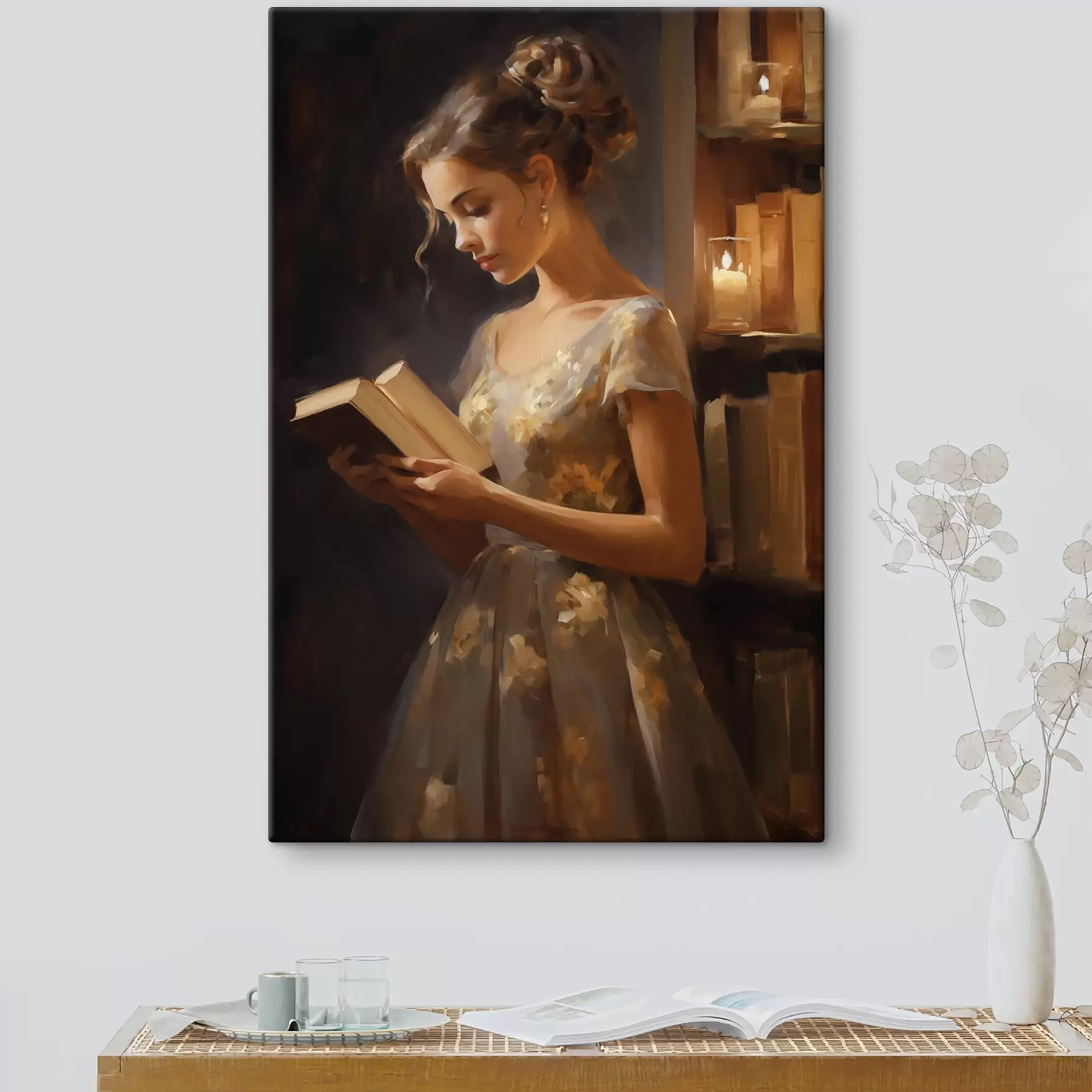 wall murals A young woman in an elegant dress reading a book in atmospheric lighting, surrounded by bookshelves and the soft glow of candles s42570