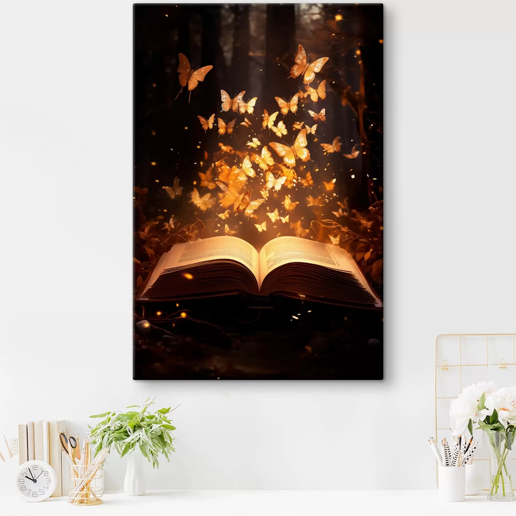 wall murals An open book from which luminous butterflies emerge, shining in rays of light in a dark, magical forest s42573