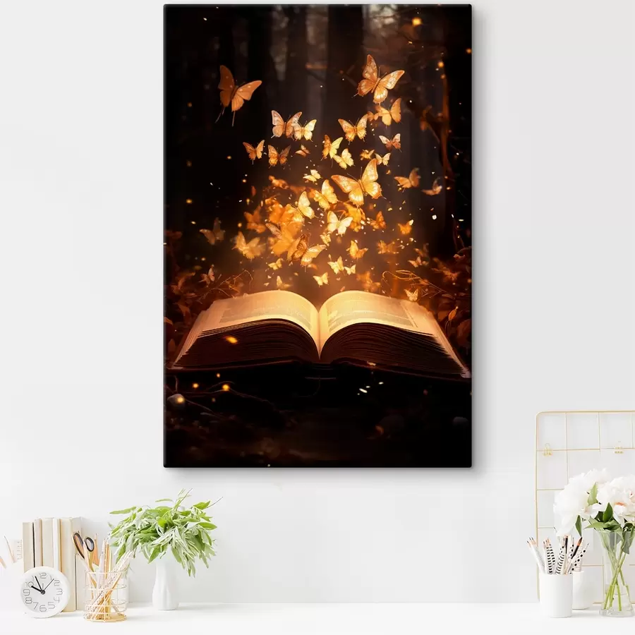 murales Un libro abierto del que surgen mariposas luminosas que brillan en rayos de luz en un bosque oscuro y mágico s42573