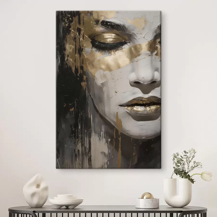 wall murals An abstract portrait of a woman emphasizing closed eyes and lips, executed in black-and-white shades with dynamic warm-colored brushstrokes s42626