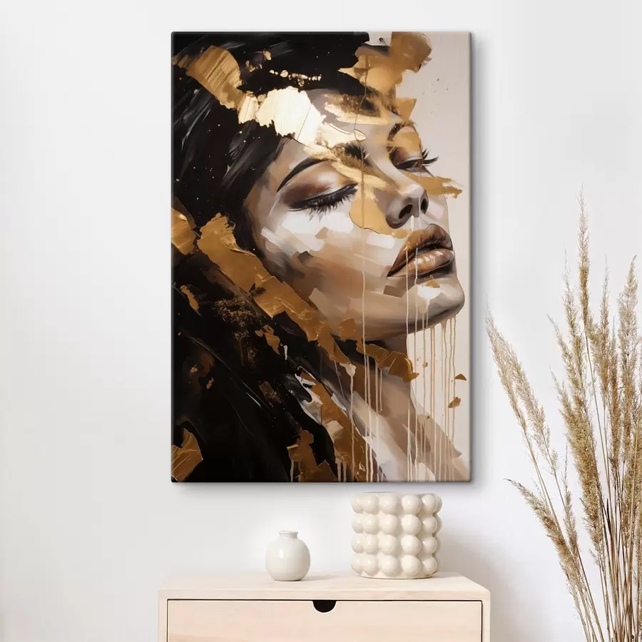 wall murals An abstract portrait of a woman with a soft facial expression, rendered in warm tones with dynamic brushstrokes that add depth and emotion s42627