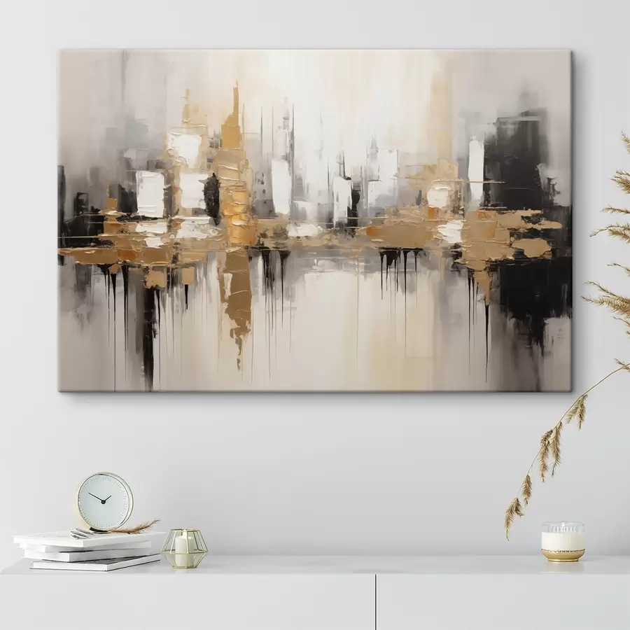 wall murals An abstract cityscape with reflections of buildings in the water, created in neutral tones with accents of warm shades s42628
