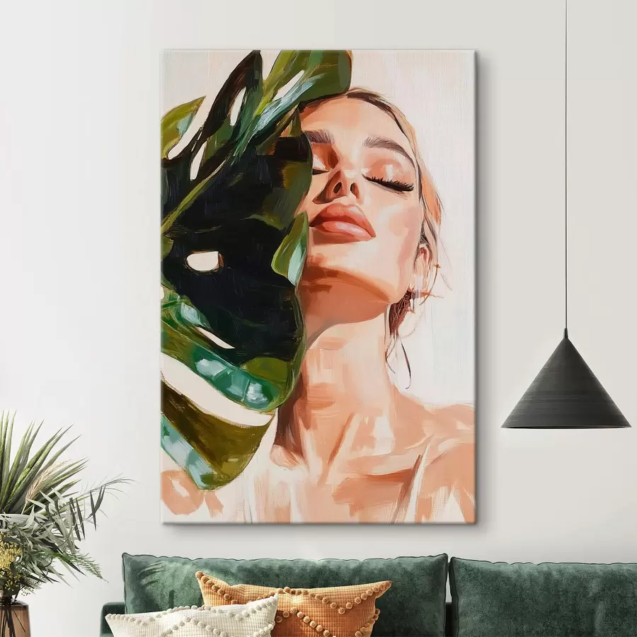 murales Retrato de mujer con una hoja de monstera con pinceladas de imitación s42597