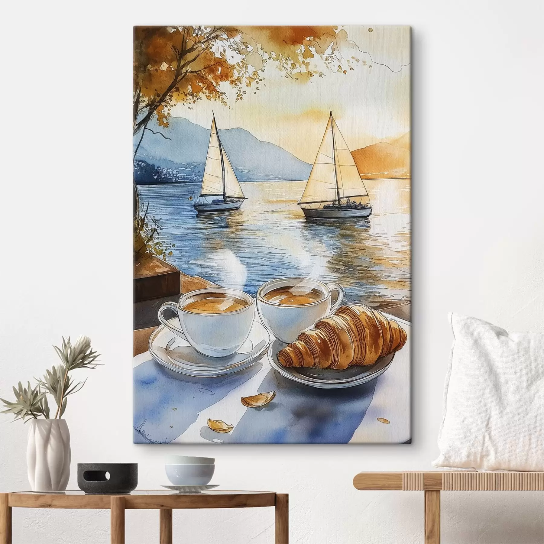 wall murals Sunset on the lake, sailboats, cups of coffee, watercolor style s42442