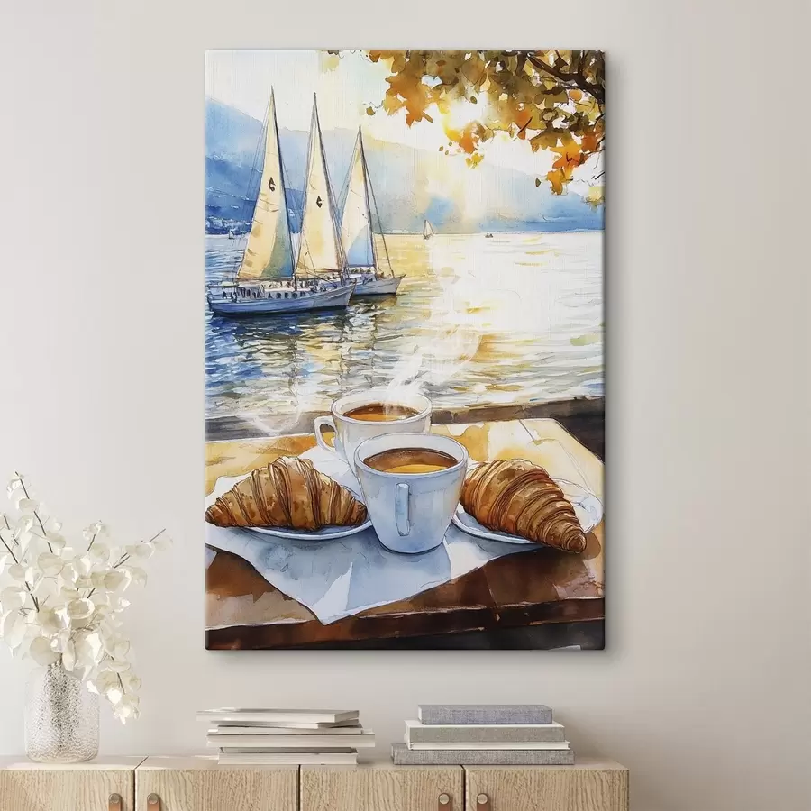 wall murals Cups of coffee, sunset colors, lake, sailboats, nature, travel s42443