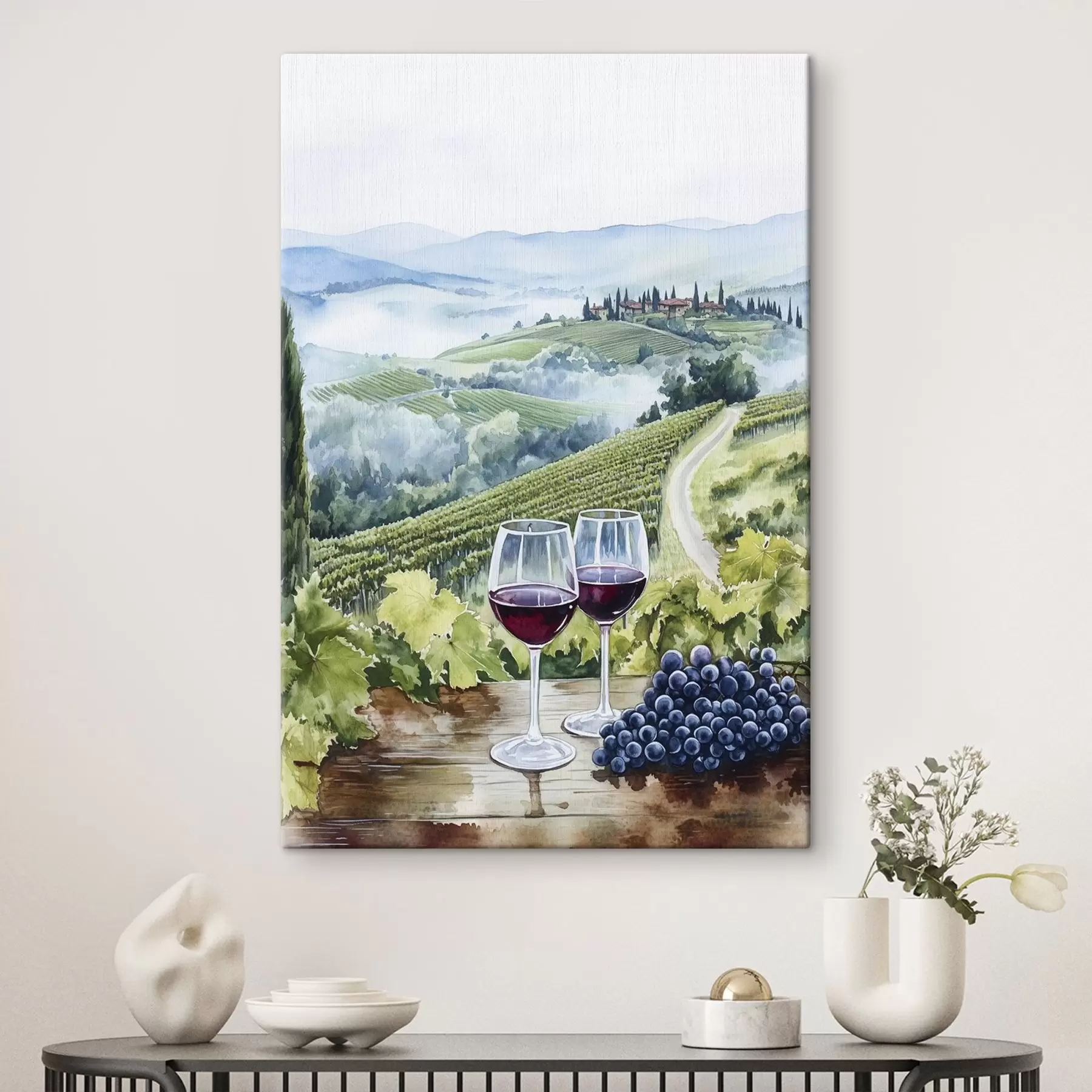 wall murals Tuscany landscape, grape yards, wine glasses, watercolor style s42445