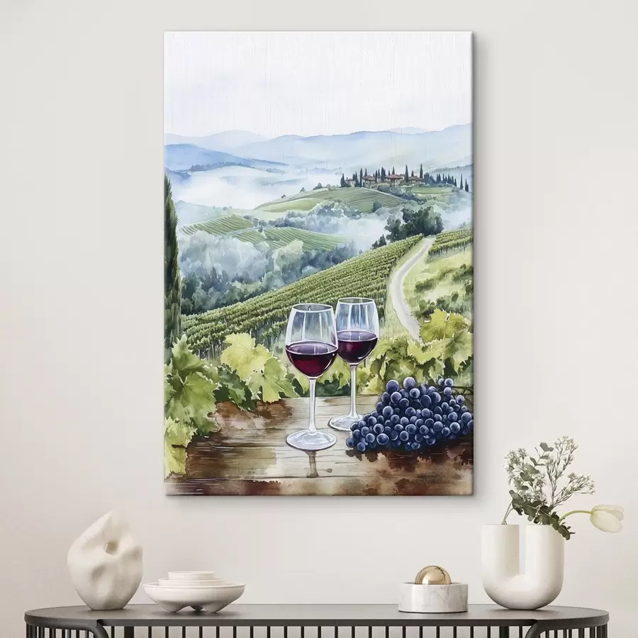 murales Paisaje toscano, patios de uvas, copas de vino, estilo acuarela s42445