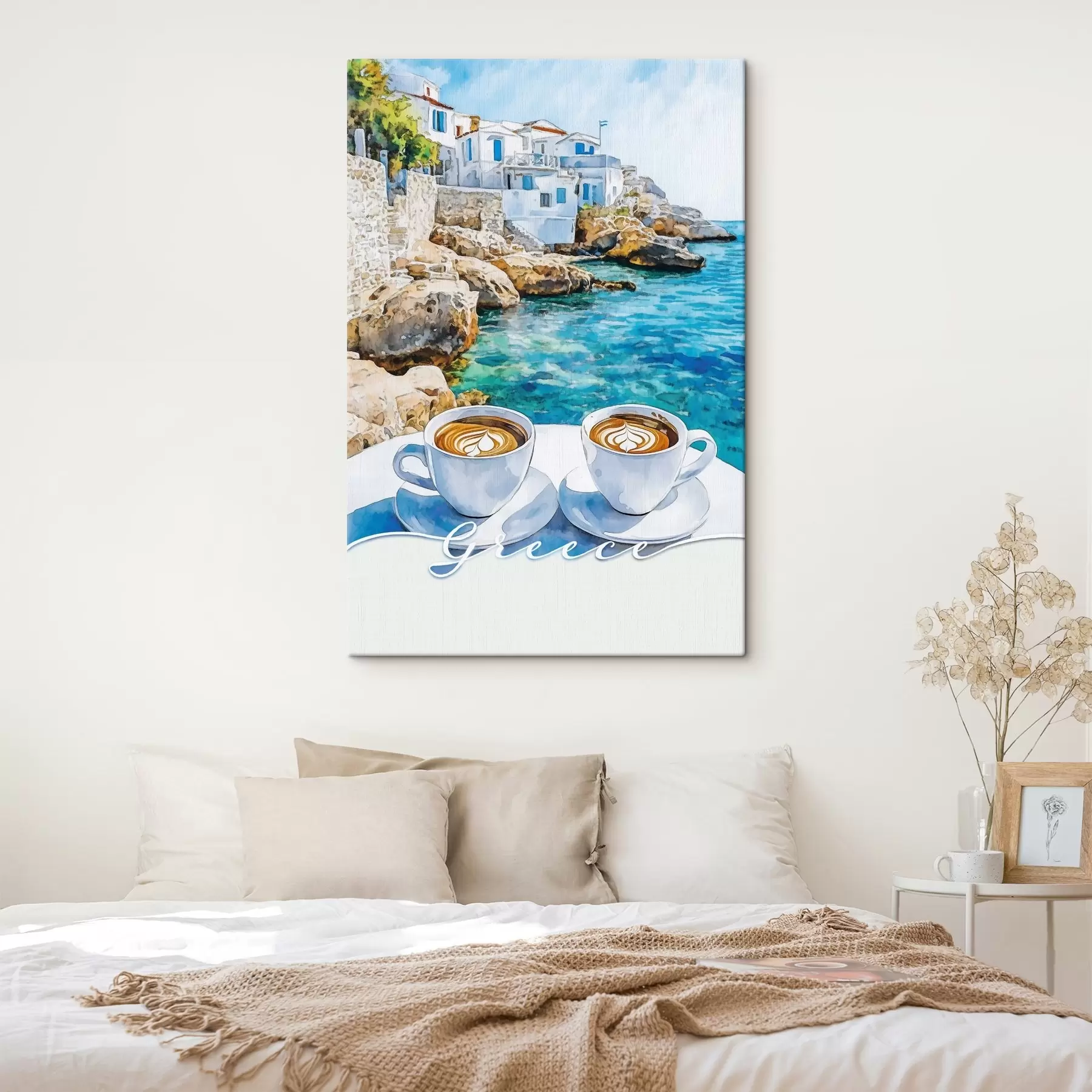 wall murals Greece aesthetics, cups of coffee, blue sea, old city, travel s42447