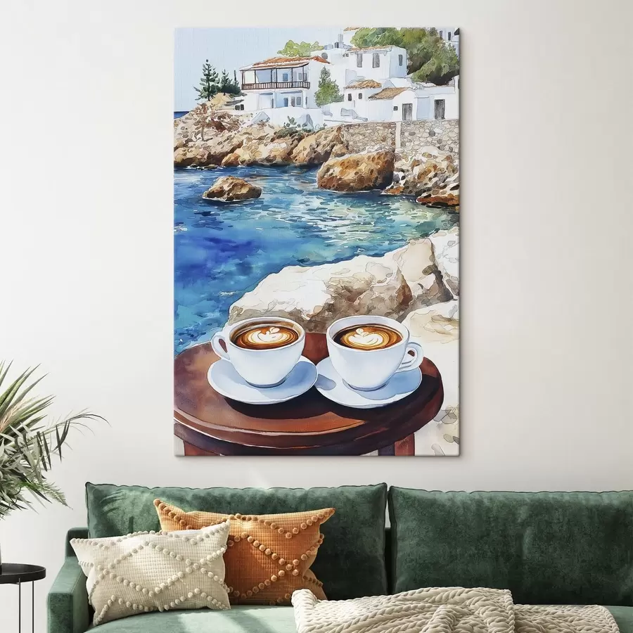 murales Acuarela junto al mar con tazas de café, verano s42449