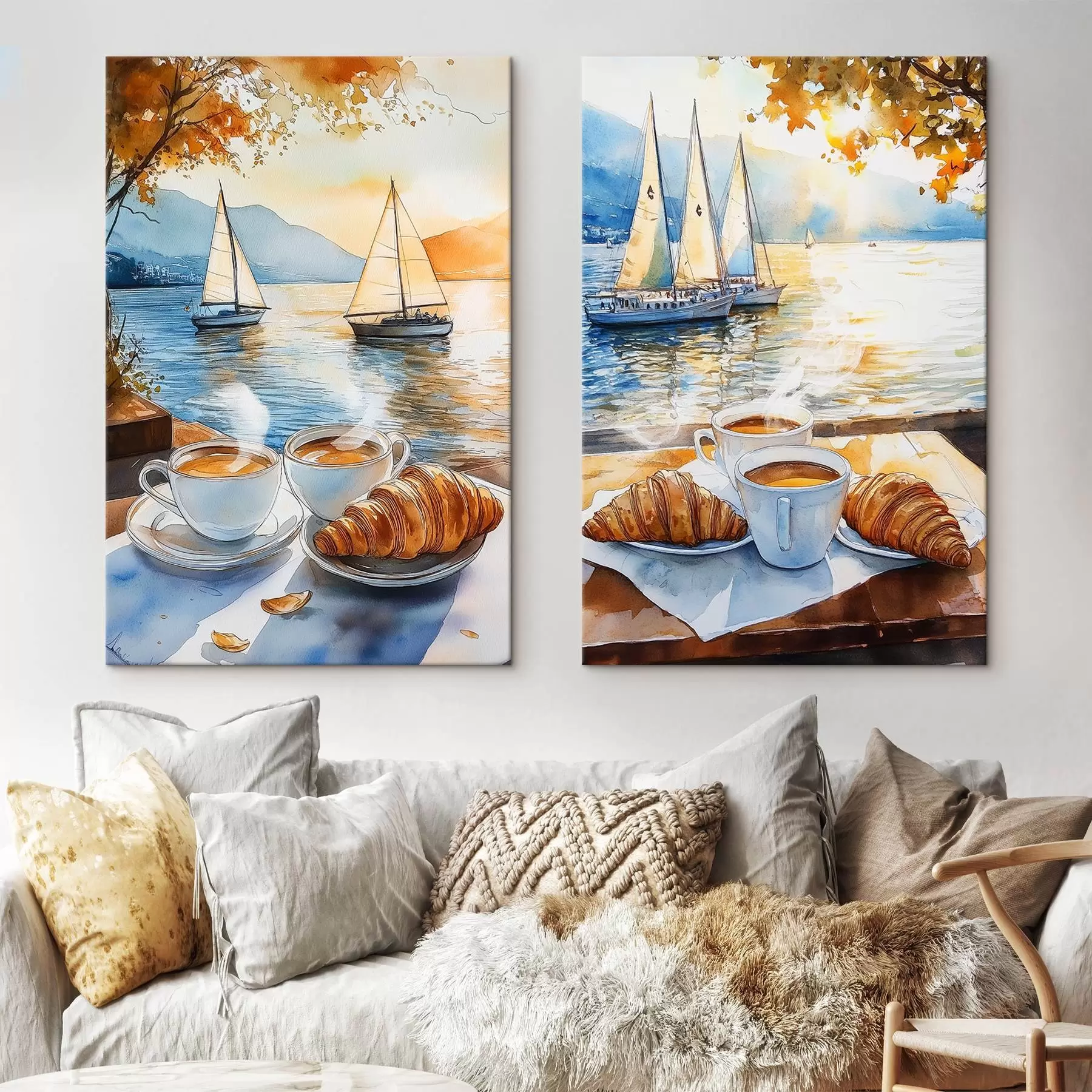 wall murals Sunset on the lake with ups of coffee, sailboats, nature, travel m00407