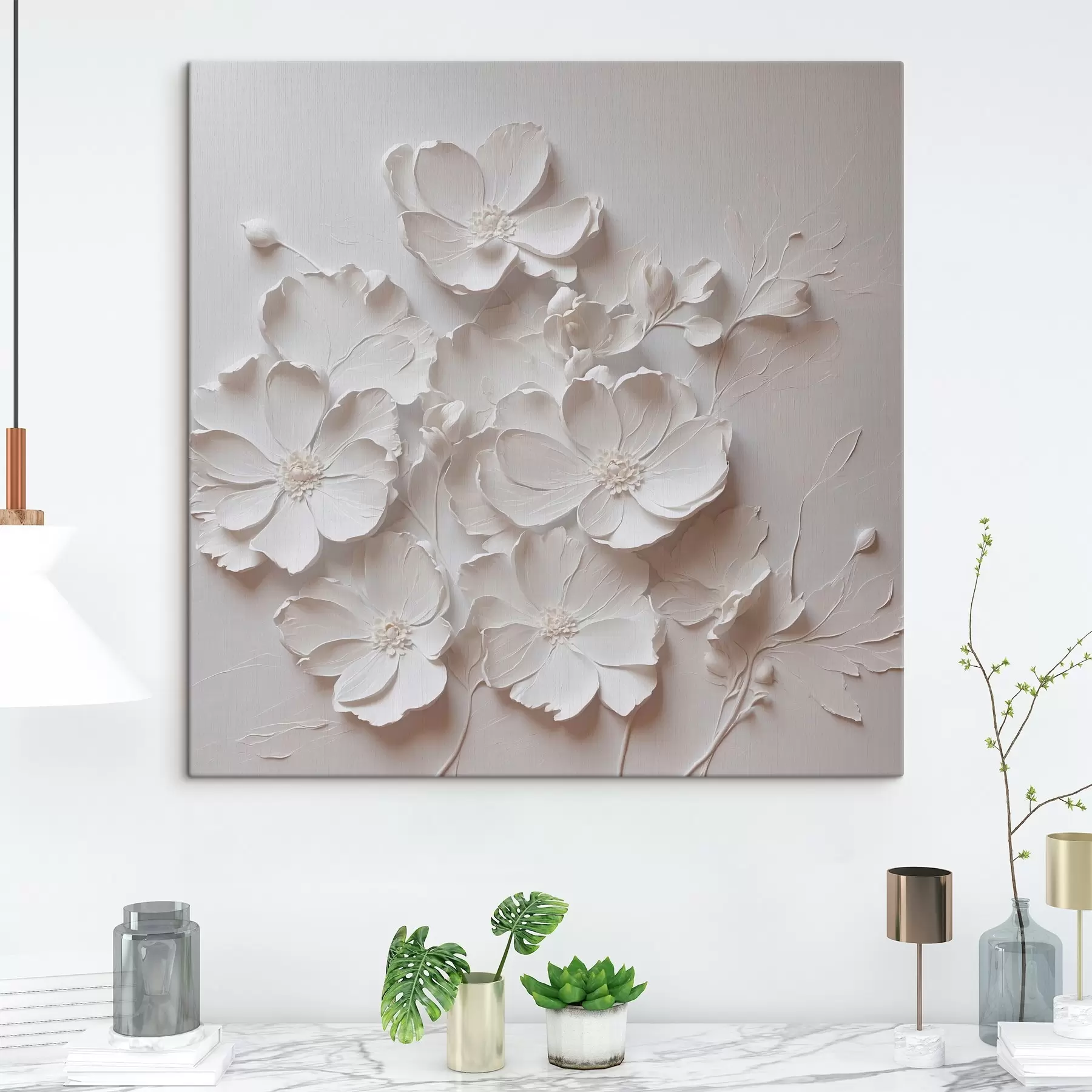 wall murals White flowers on white background in oil painting style s42516