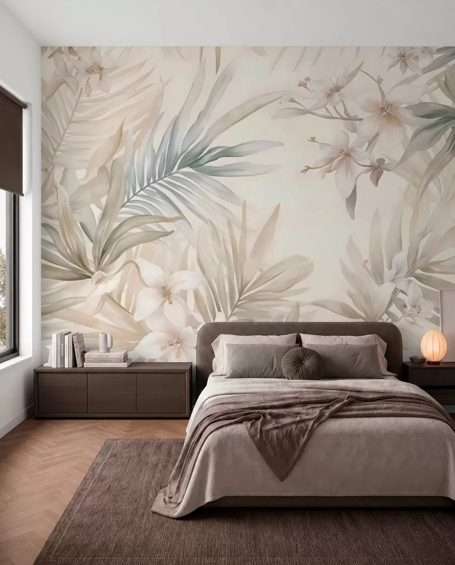 wall murals Pastel-colored tropical leaves and flowers, featuring light greens, creams, and subtle pinks w08660