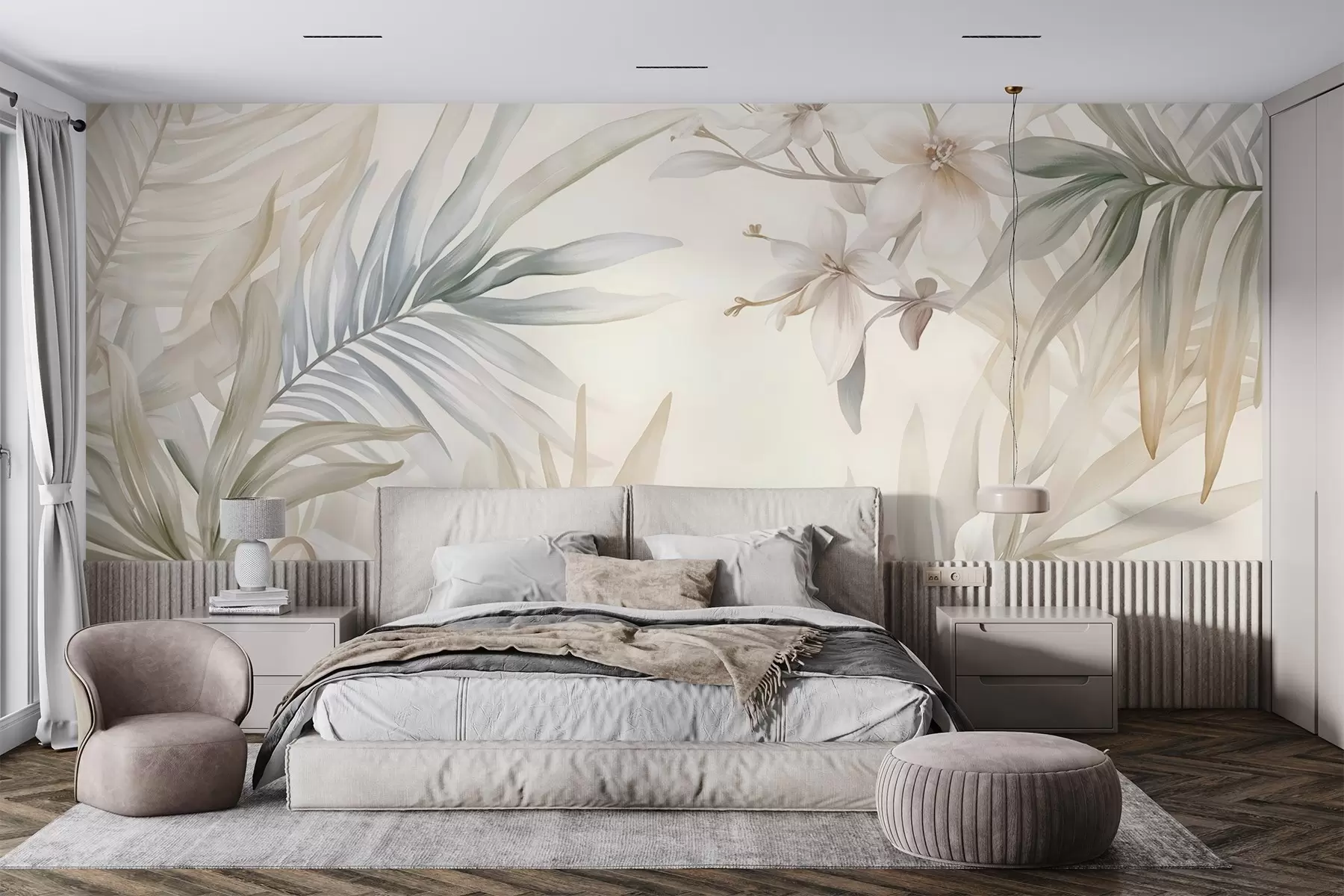 murales Hojas y flores tropicales de colores pastel, con verdes claros, cremas y rosas sutiles w08660