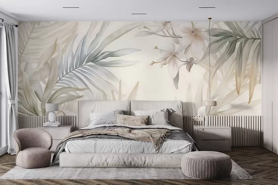 Wall Mural Photo Wallpaper Pastel-colored tropical leaves and flowers, featuring light greens, creams, and subtle pinks w08660