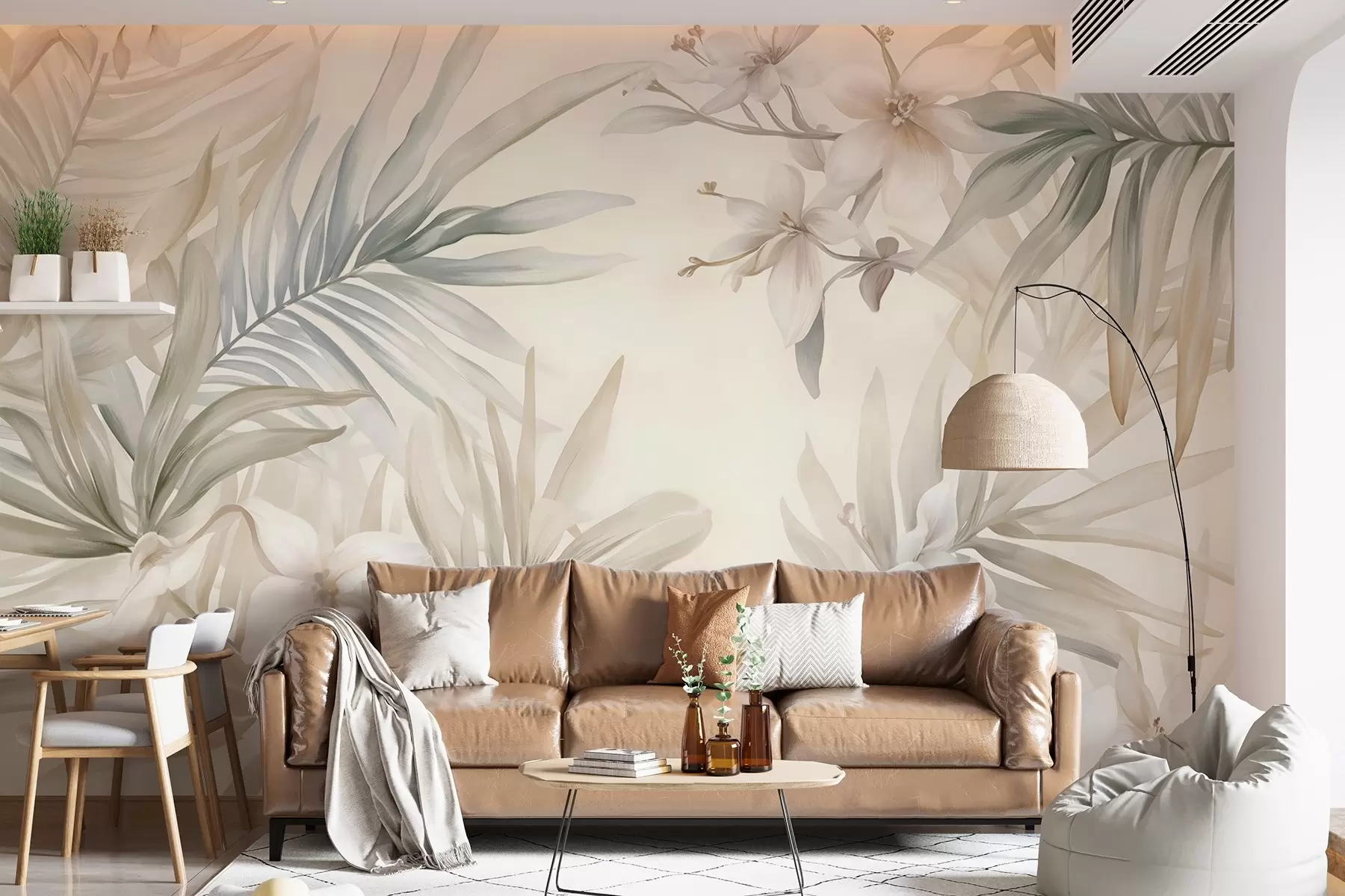 peintures murales Feuilles et fleurs tropicales aux couleurs pastel, avec des verts clairs, des crèmes et des roses subtils w08660
