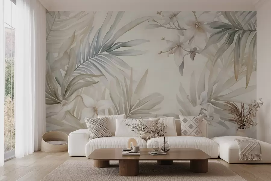 Wall Mural Photo Wallpaper Pastel-colored tropical leaves and flowers, featuring light greens, creams, and subtle pinks w08660