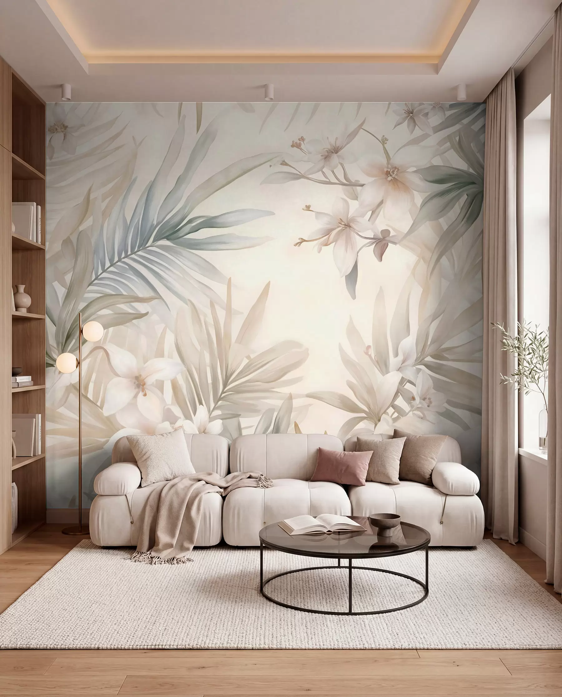 wall murals Pastel-colored tropical leaves and flowers, featuring light greens, creams, and subtle pinks w08660
