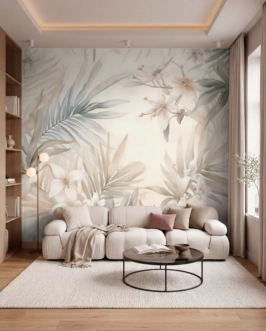 wall murals Pastel-colored tropical leaves and flowers, featuring light greens, creams, and subtle pinks w08660