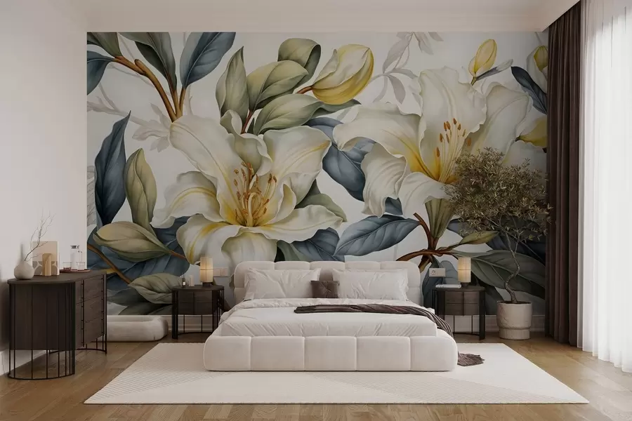 Wall Mural Photo Wallpaper Painting of white lilies with yellow accents and green and brown leaves, against a light background w08661