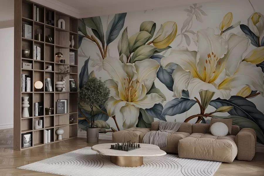 Wall Mural Photo Wallpaper Painting of white lilies with yellow accents and green and brown leaves, against a light background w08661