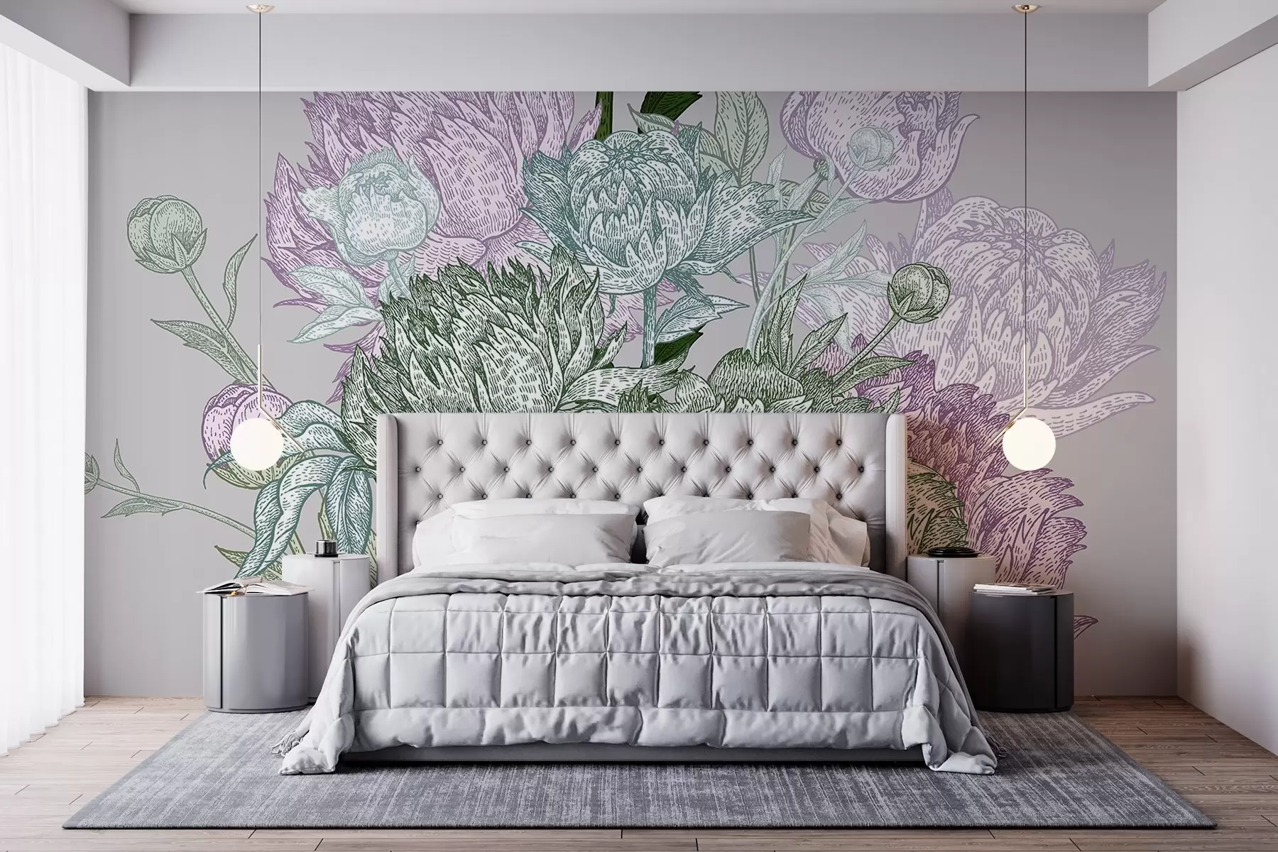 wall murals A detailed floral line design featuring large peonies and leaves in shades of green, pink and lilac w08663v1