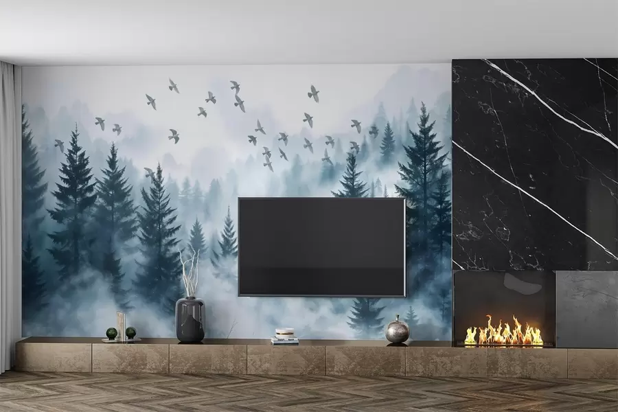 murales Tranquilo bosque de niebla con árboles en tonos azules y bandadas de pájaros volando en el cielo w08664