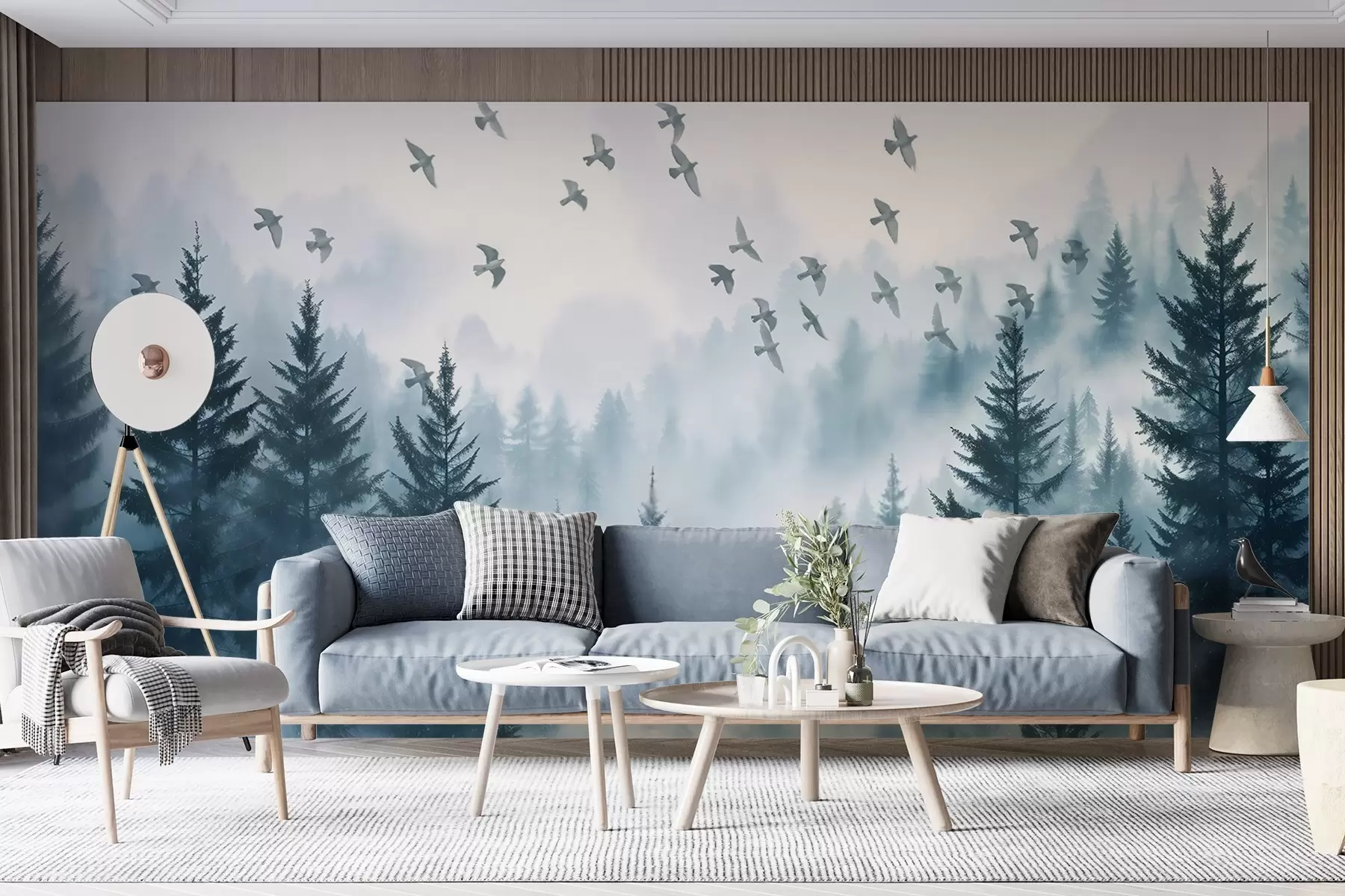 murais de parede Floresta tranquila e enevoada com árvores em tons de azul e um bando de pássaros a voar no céu  w08664