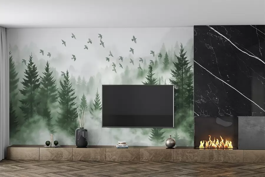 Wall Mural Photo Wallpaper Tranquil foggy forest with trees in shades of green and flock of birds is flying in the sky  w08664v1