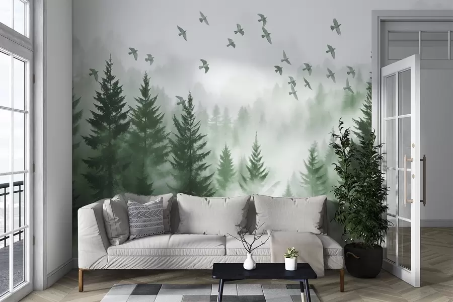 murales Tranquilo bosque de niebla con árboles en tonos verdes y bandadas de pájaros volando en el cielo w08664v1