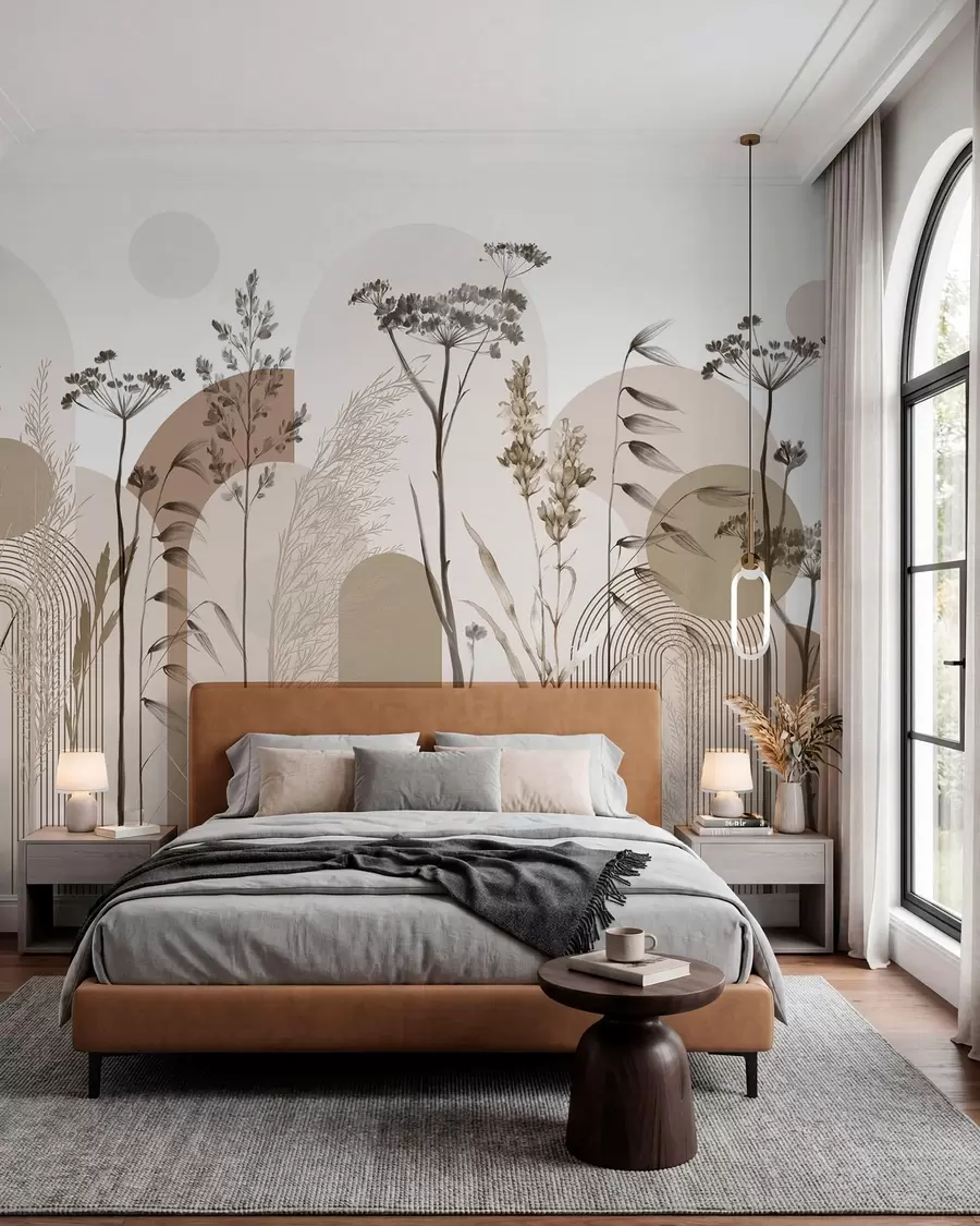 murales Colección de plantas y flores en tonos neutros sobre fondo de arco abstracto en suaves tonos beige y marrón w08665